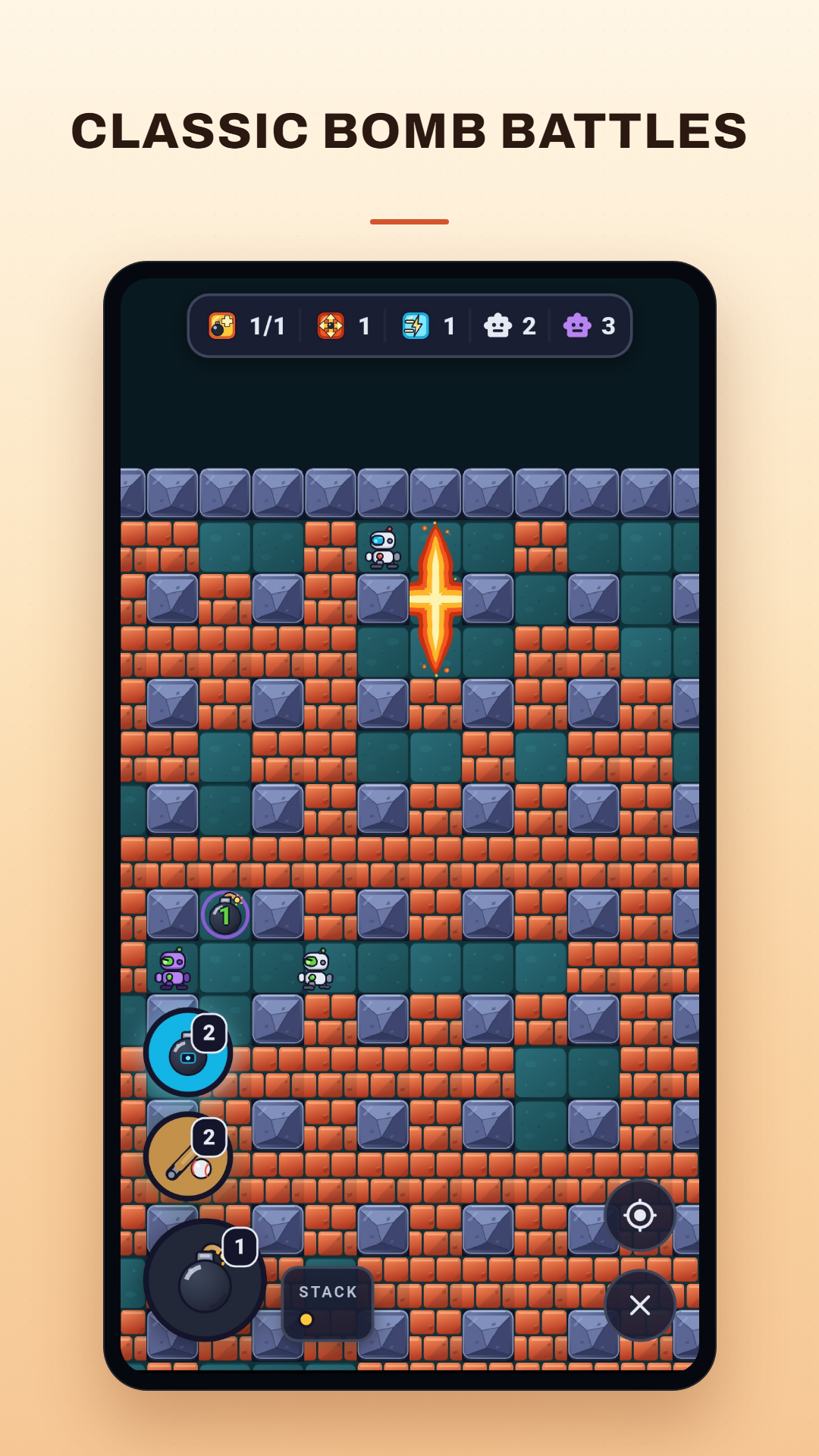 An arena mid-match with a bomb blast, gifts lying on the floor and the bomb, remote and bat buttons stacked in the corner