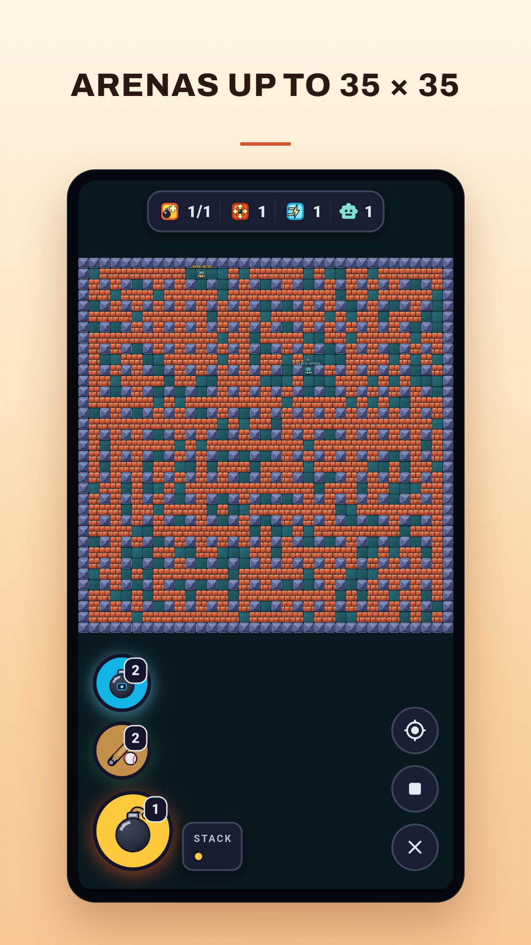 The full 35 by 35 arena zoomed out to fit the screen, dense with bricks and pillars
