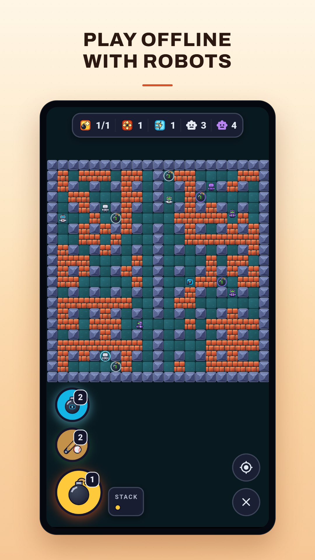 A medium arena seen fully zoomed out, robots of both colours scattered across it and bombs counting down