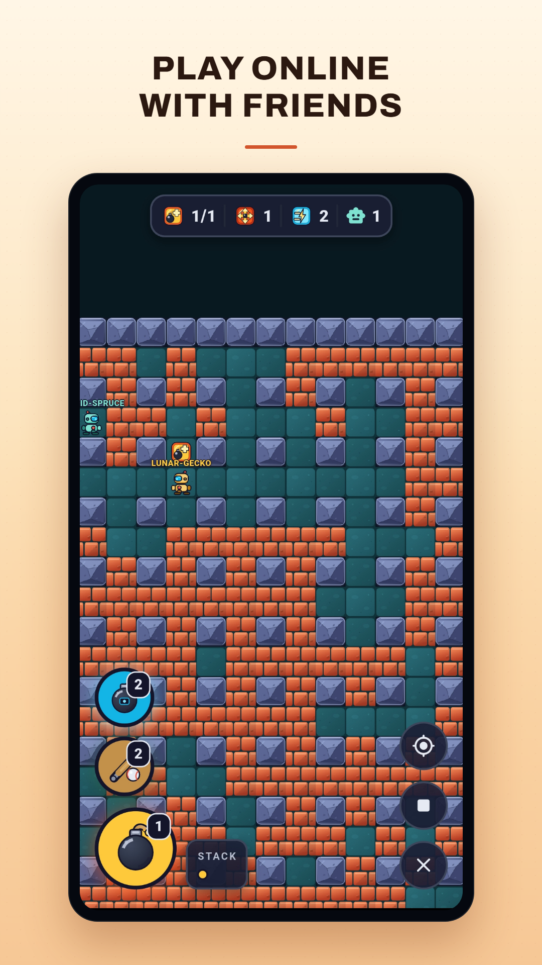 An online match with two players' names drawn in gold and teal over their robots