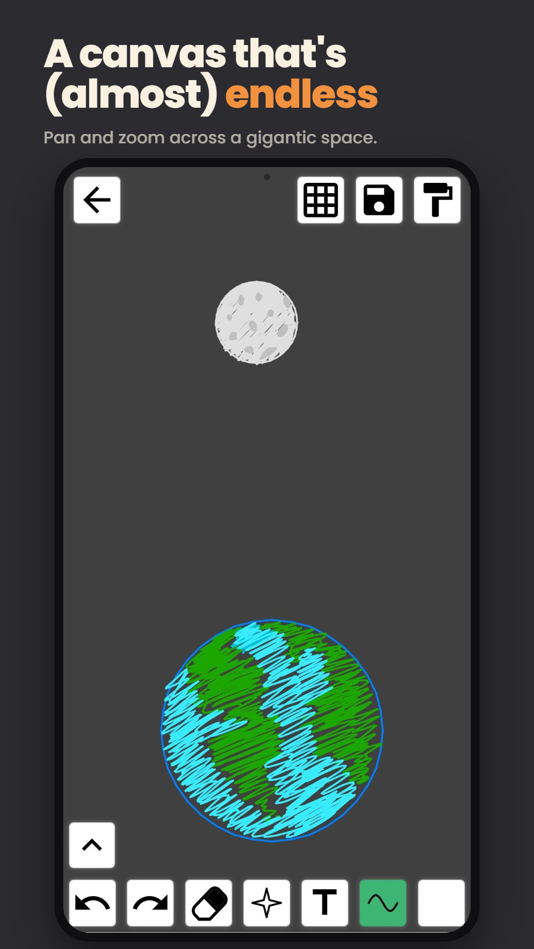 Panning across a huge dark canvas with an Earth and Moon sketch