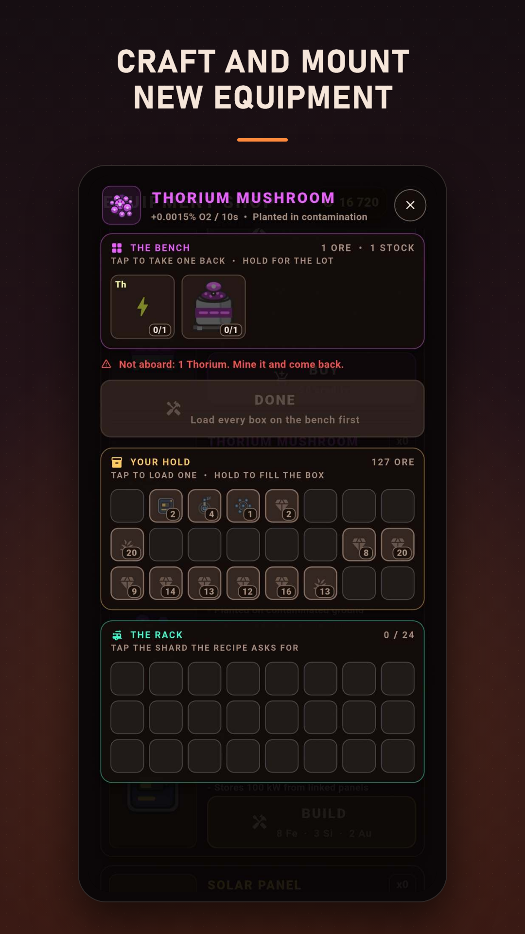 Crafting a thorium mushroom at the workbench, loading ore from the hold onto the bench