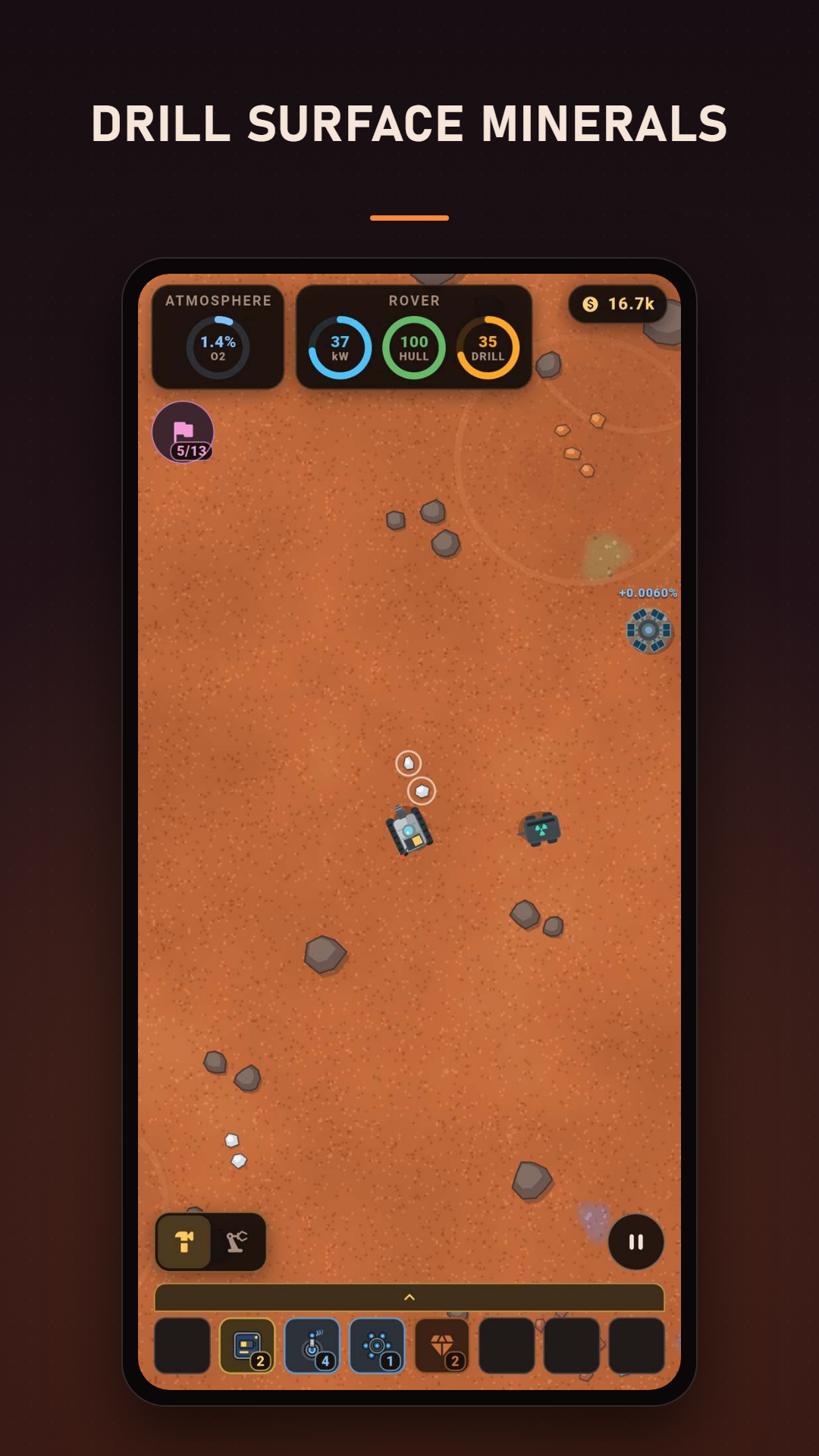 The rover parked beside two ore nodes on open Martian ground, with atmosphere, battery, hull and drill gauges across the top