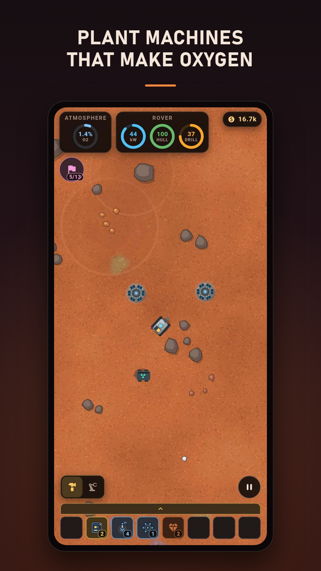 Two oxygen plants standing on the surface, each feeding the atmosphere counter at the top of the screen