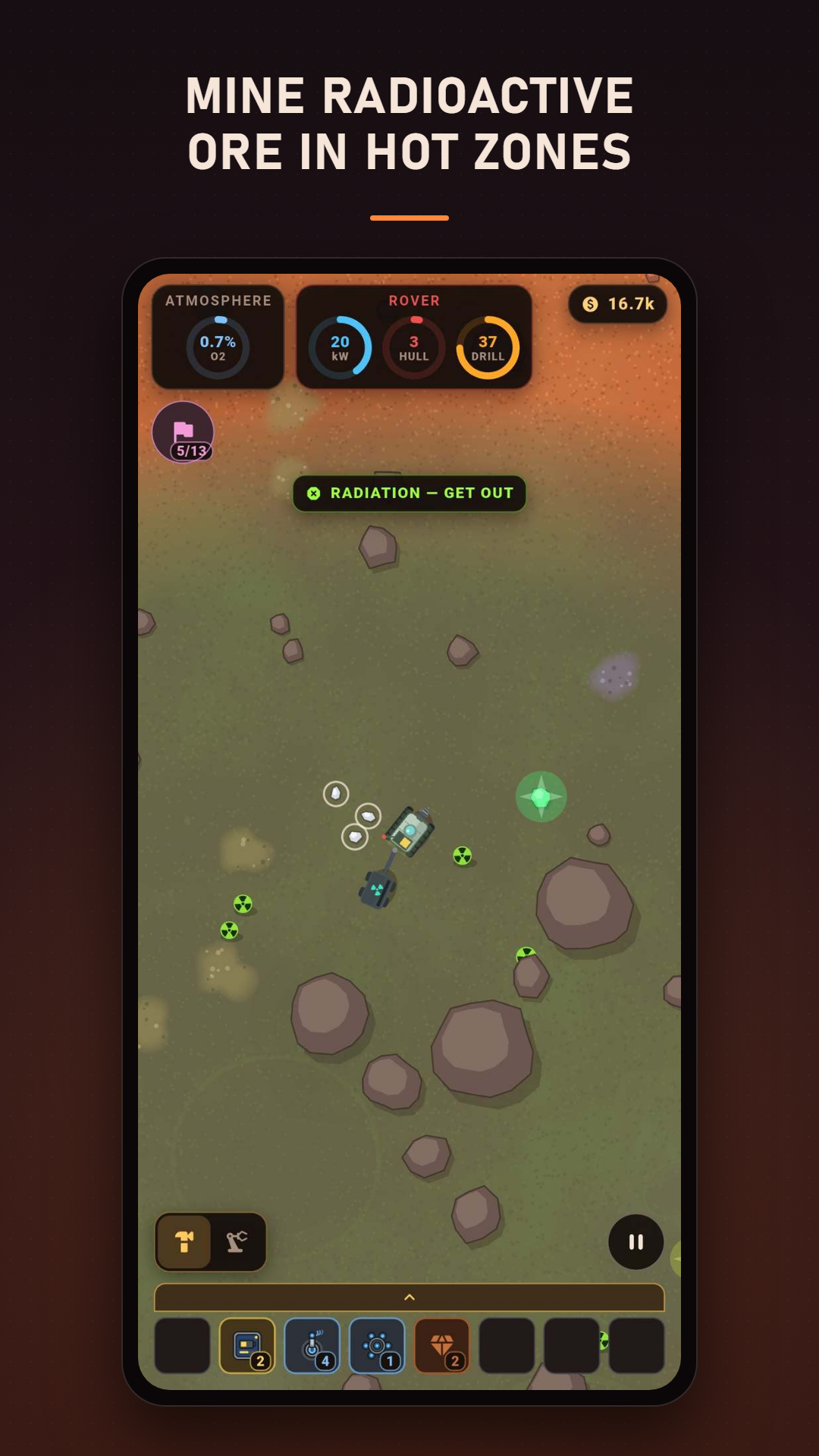 The rover inside a green contamination zone, hull down to 3, with a RADIATION — GET OUT warning across the screen