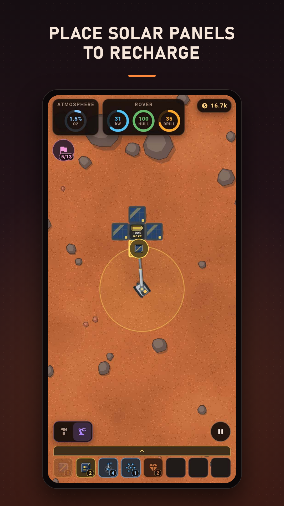A solar panel lattice laid out around a battery to recharge the rover