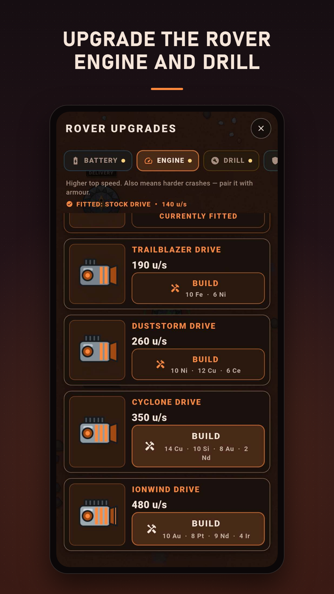The rover upgrade shelves — battery, engine, drill and protection — each part built from ore