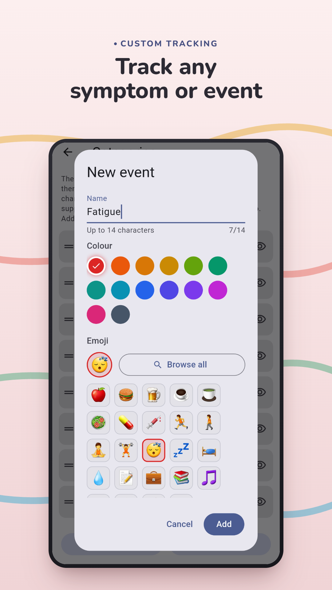 Creating a custom tracking row, choosing its name, color, and emoji